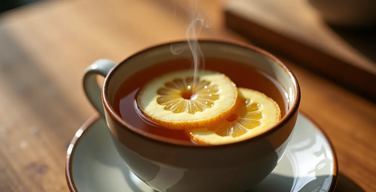Close-up of steaming ginger tea with fresh ginger root slices