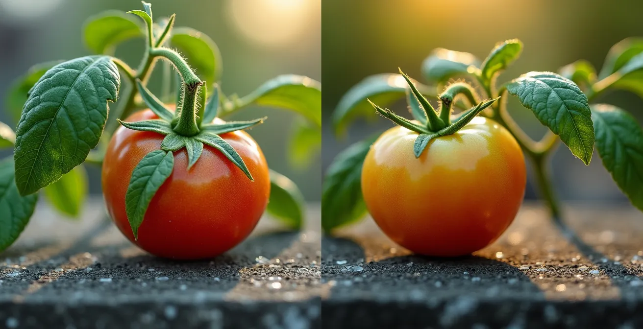 Close-up comparison of wind-damaged tomato leaves showing desiccation effects on a rooftop setting
