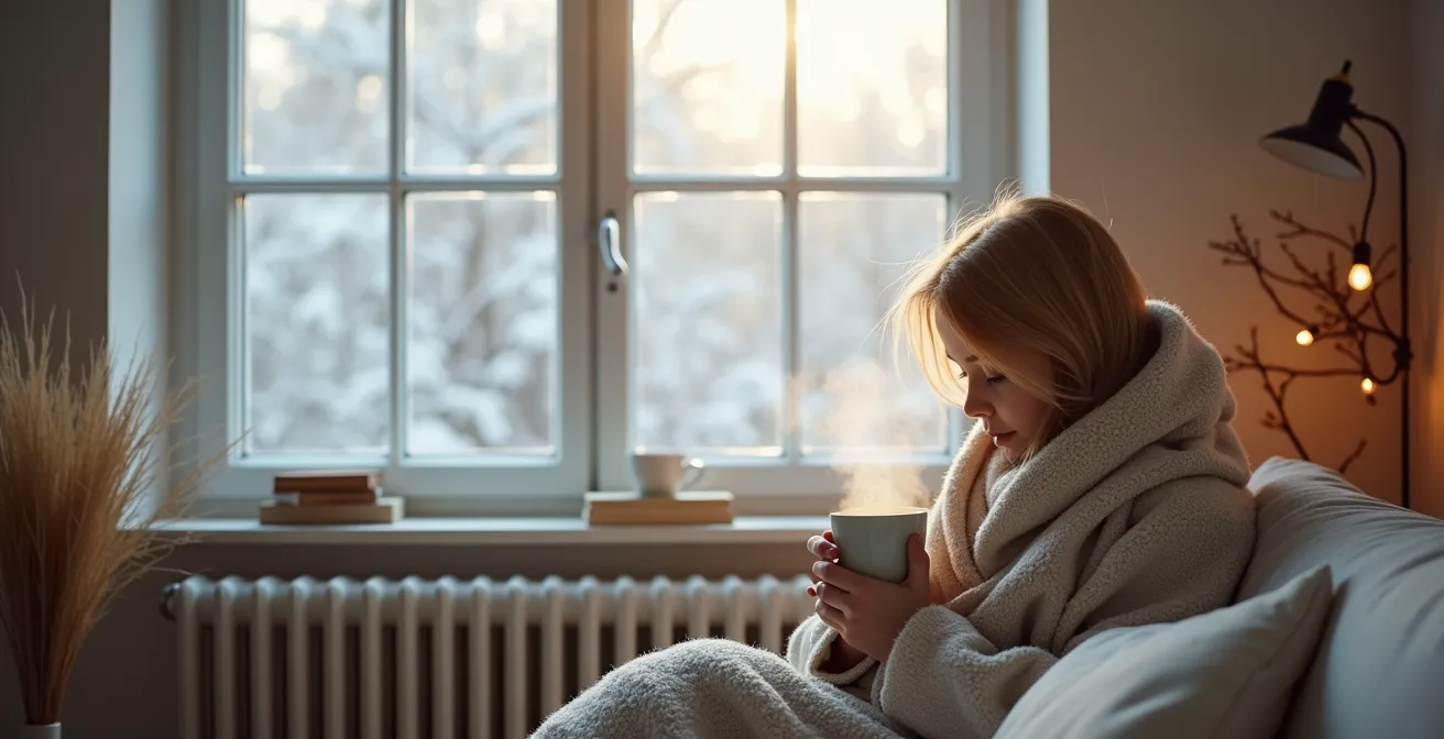Wide shot of cozy winter interior showing environmental dehydration factors