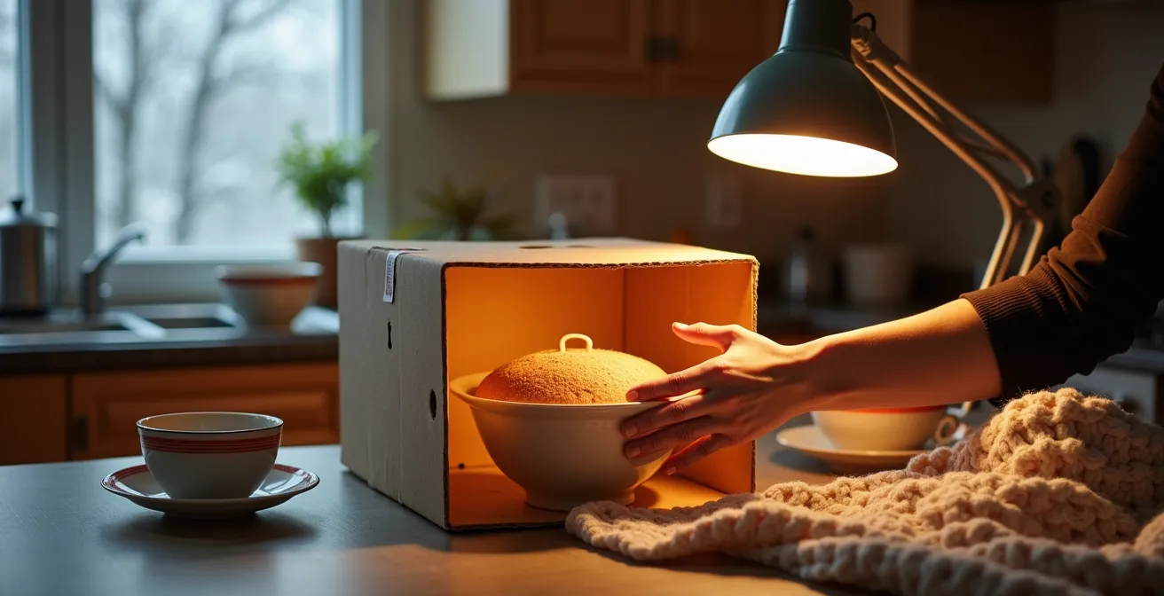 Cozy kitchen corner with improvised proofing setup using household items