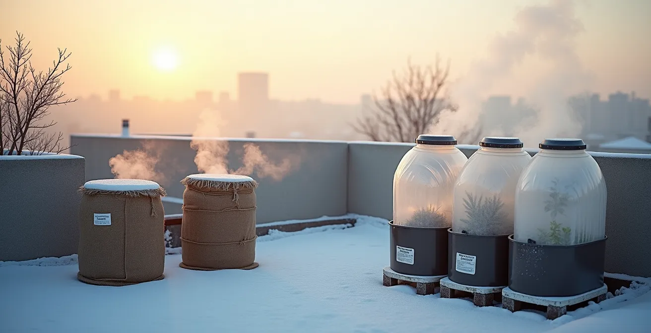 Wide view of a winter rooftop garden showing wrapped pots and protected hydroponic systems against frost