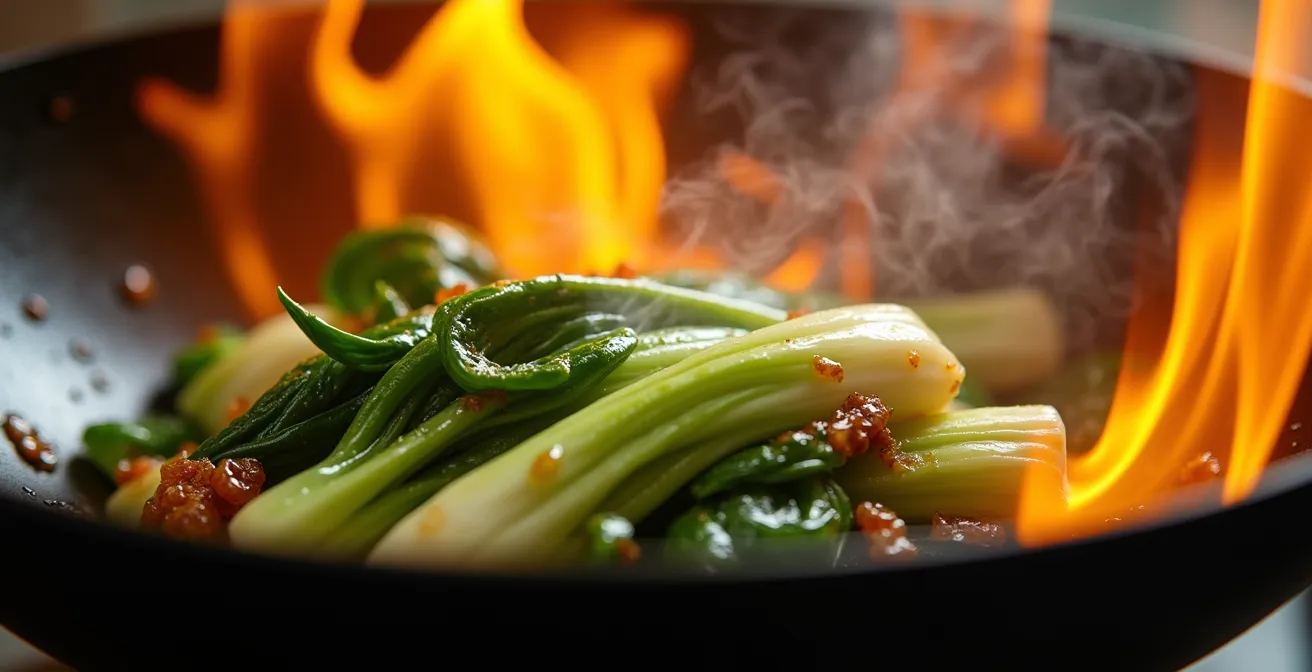 Close-up macro shot of sizzling vegetables in a hot wok with visible steam and caramelization