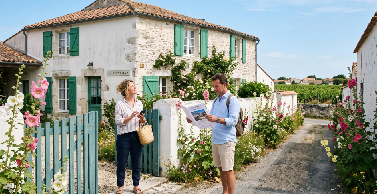 Un couple se tient devant le portail d'une villa rétaise en pierre blanche, comparant l'annonce de location avec la maison visible derrière le jardin.