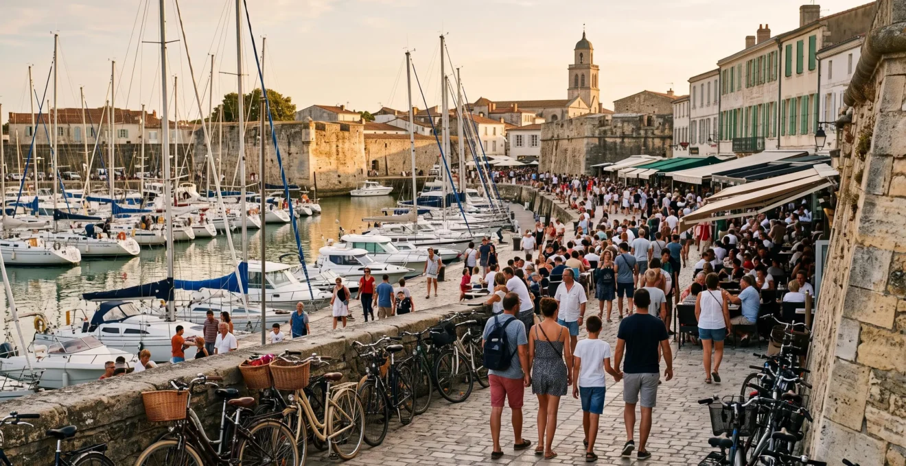Le port de Saint-Martin-de-Ré animé en plein été, avec ses terrasses bondées, ses vélos le long du quai et des bateaux amarrés derrière les remparts.